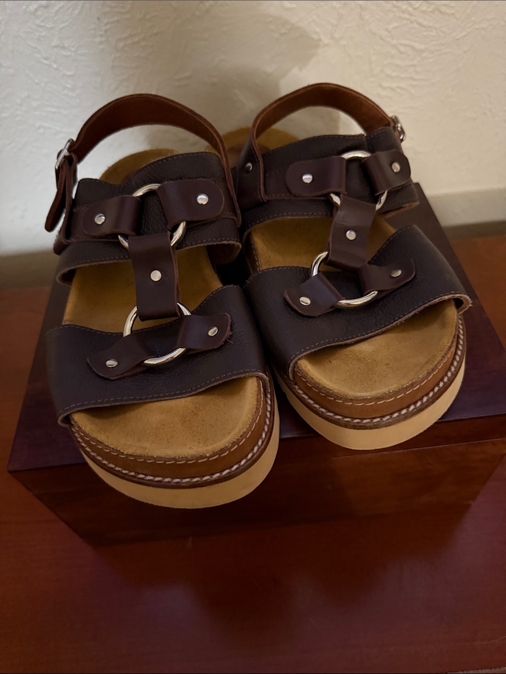Penelope Chilvers Dark Brown Leather Platform Sandals with Silver Rings